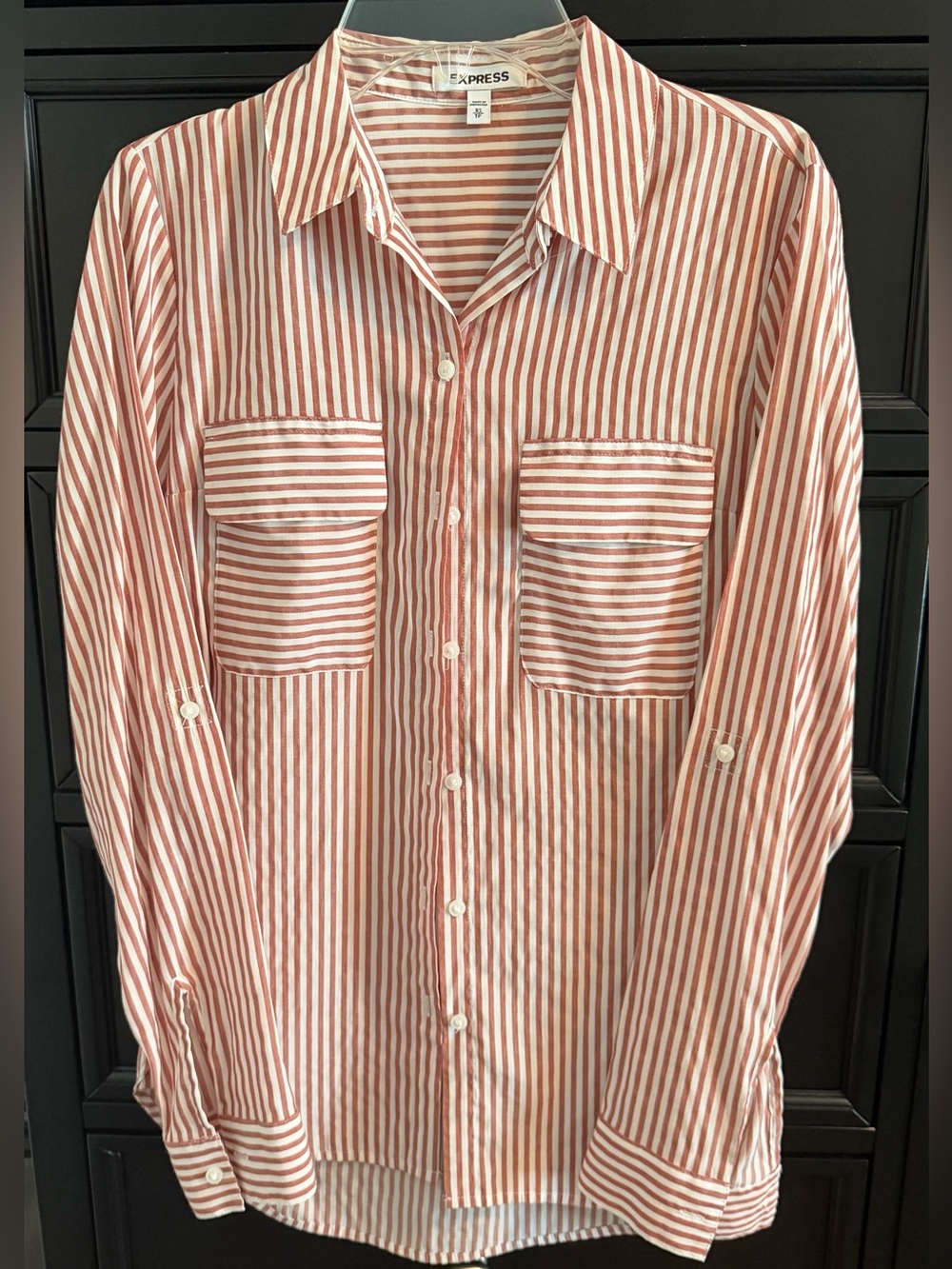 Express Women’s Red and White Striped Button-Down Shirt